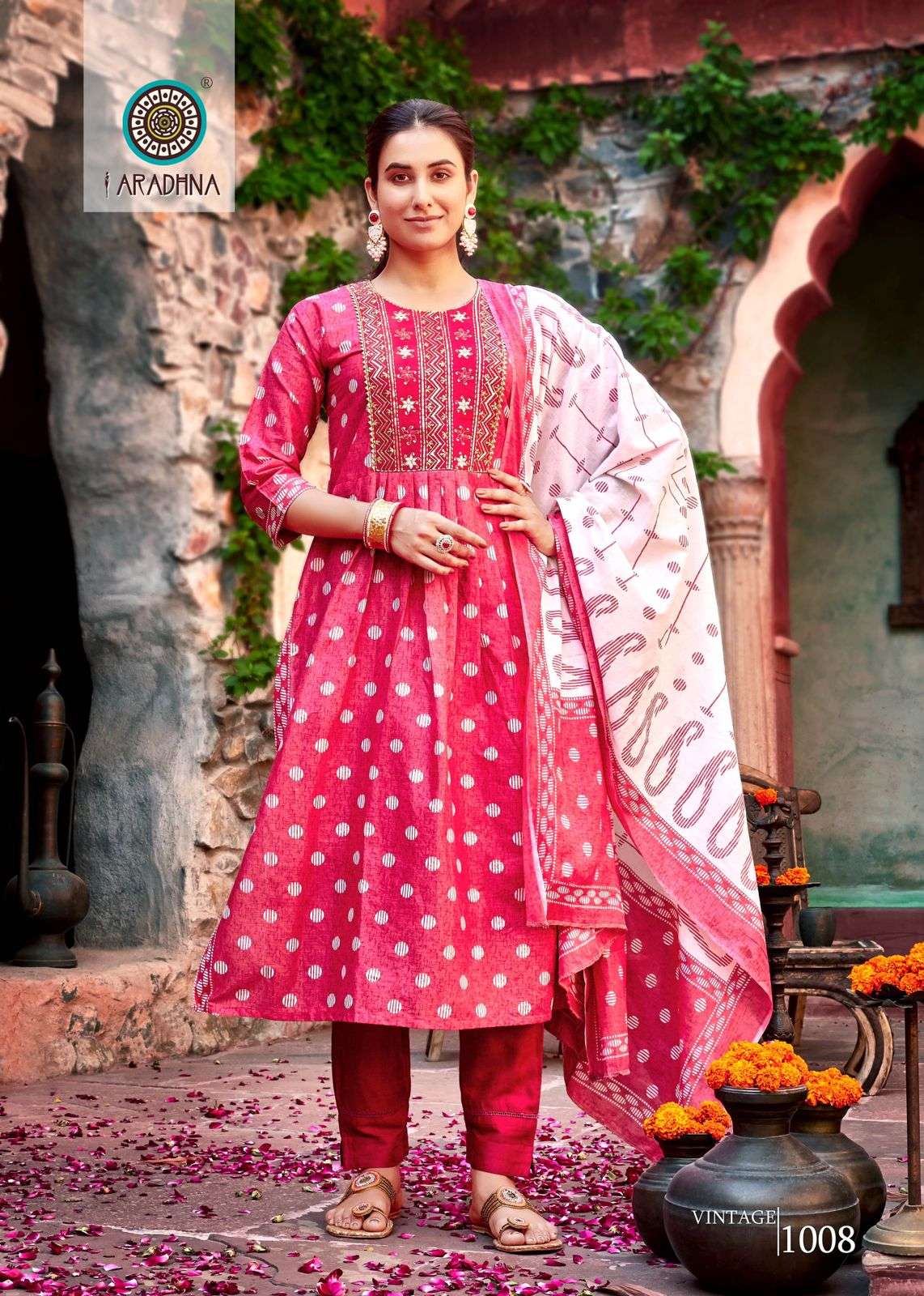 VINTAGE VOL 1 COTTON FOIL PRINT FANCY EMBROIDERY WORK KURTI WITH PANT DUPATTA BY ARADHNA BRAND 1008